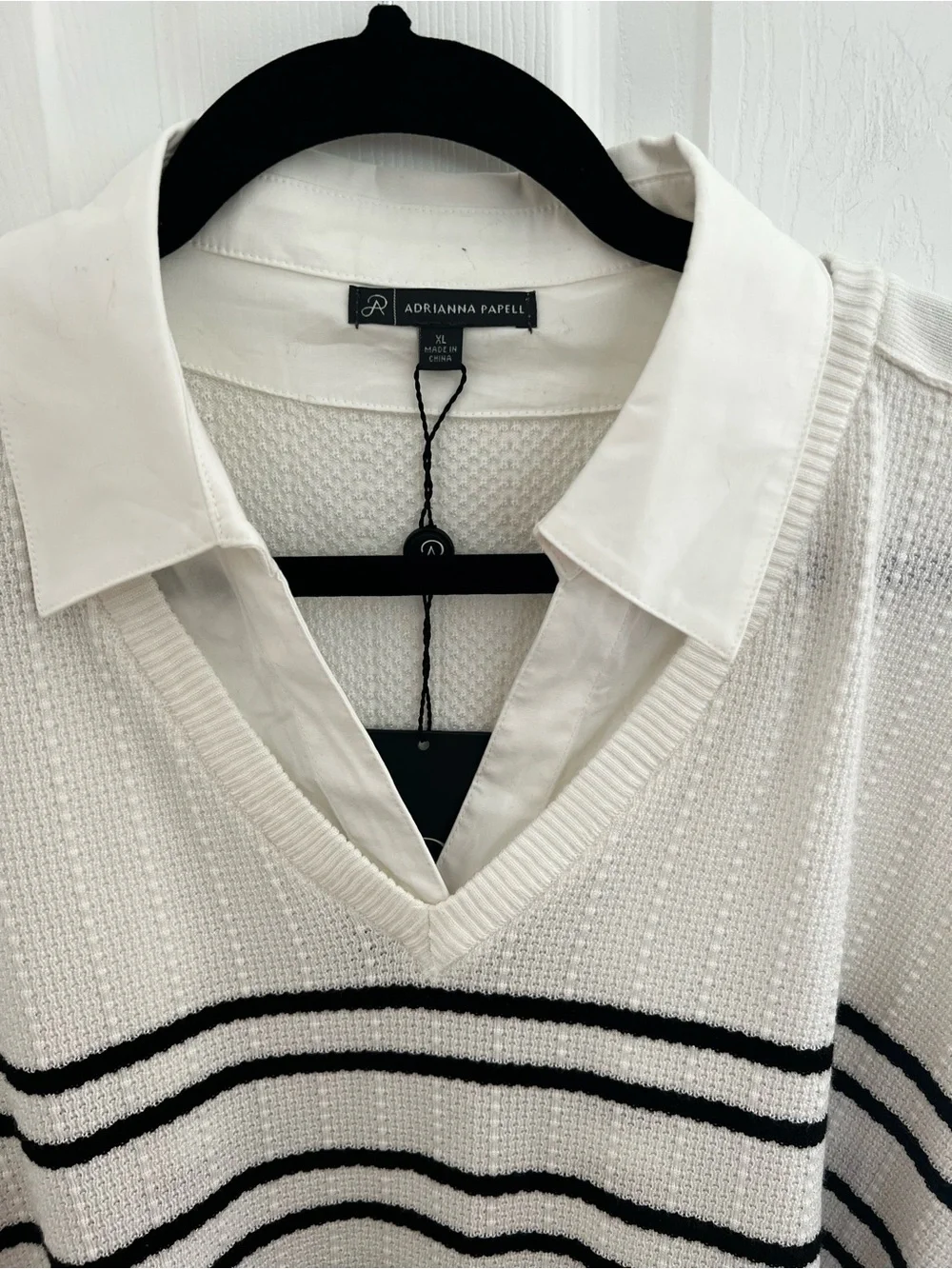 Adrianna Papell White V-Neck Layered Sweater with Black Stripes